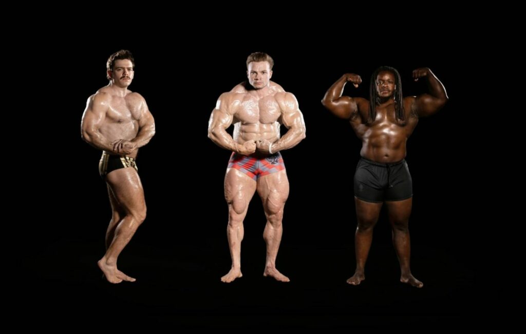 Black Midi posing as bodybuilders for a press photo