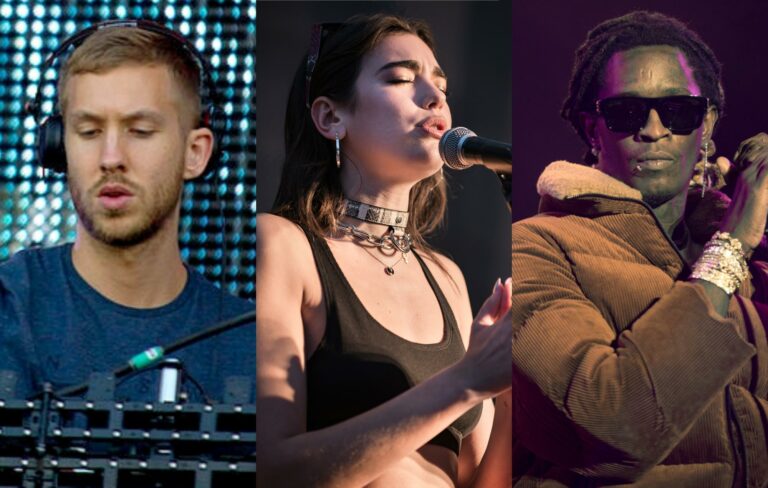 Calvin Harris, Dua Lipa and Young Thug are seen in a composite image