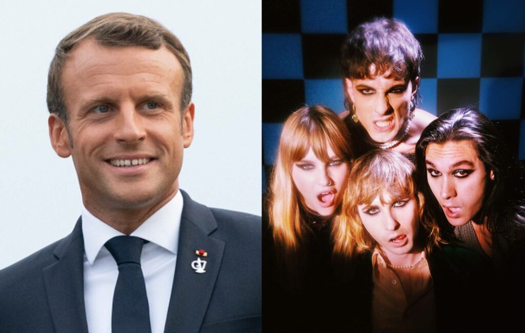 A composite image of Emmanuel Macron and Måneskin