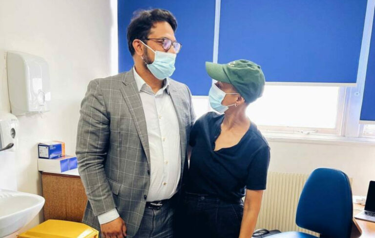 Adele Roberts with her oncologist at Whittington Hospital, London, June 2022