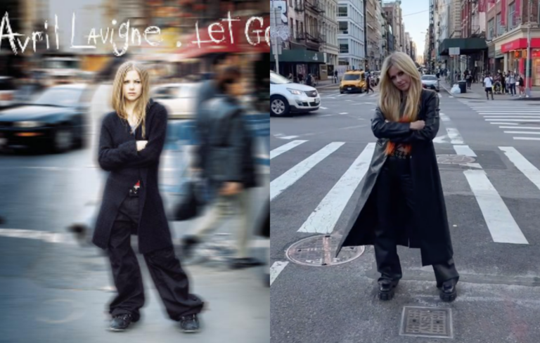 Avil Lavigne stands in the road on the cover of 'Let Go' next to a recreated picture