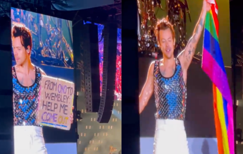 Harry Styles holds a sign that says "From Ono to Wembley Help Me Come Out', next to a picture of Styles holding up the Pride flag