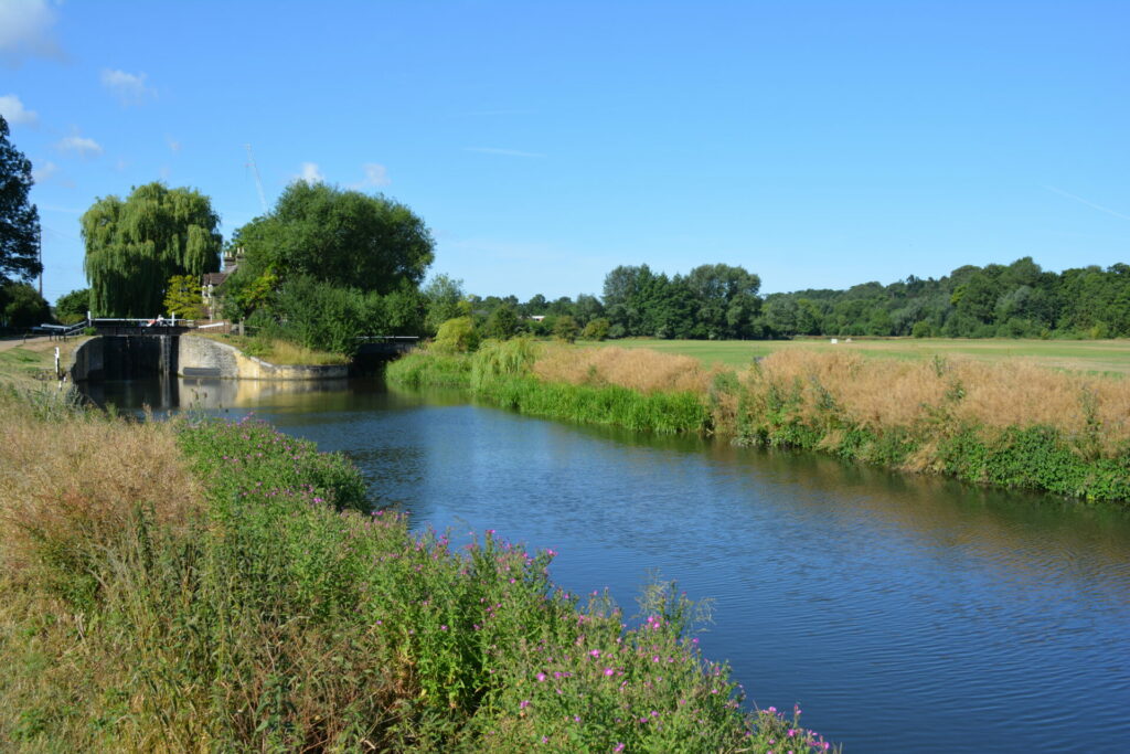 A river and grassy bank in the UK on a blue sky day