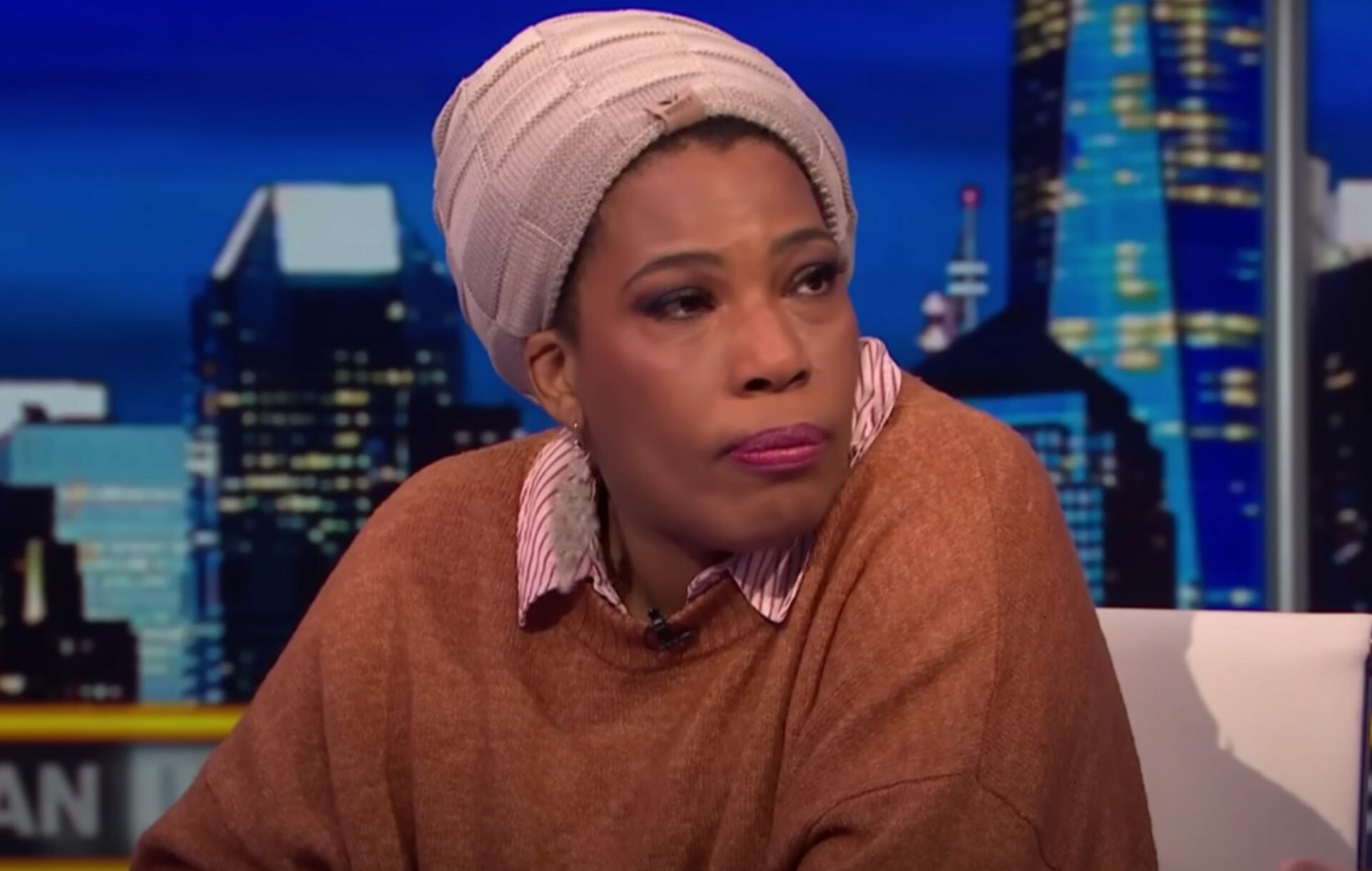 Macy Gray wears a collared shirt and brown jumper on 'Piers Morgan Uncensored'