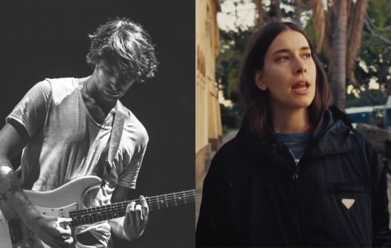 A black and white picture of Paolo Nutini on the guitar next to a picture of Danielle Haim in 'Summer Girl'