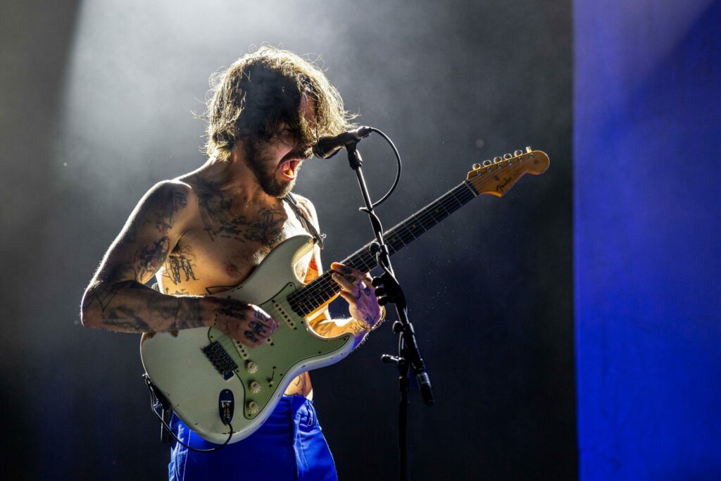 Singer and guitarist Simon Neil of Scottish music band Biffy Clyro performs during the 26th Rock for People international rock music festival on June 15, 2022