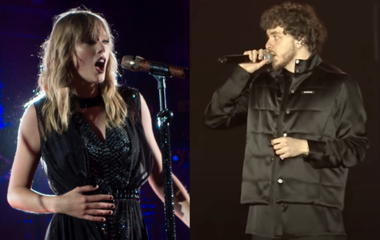 Taylor Swift and Jack Harlow in separate pictures performing live