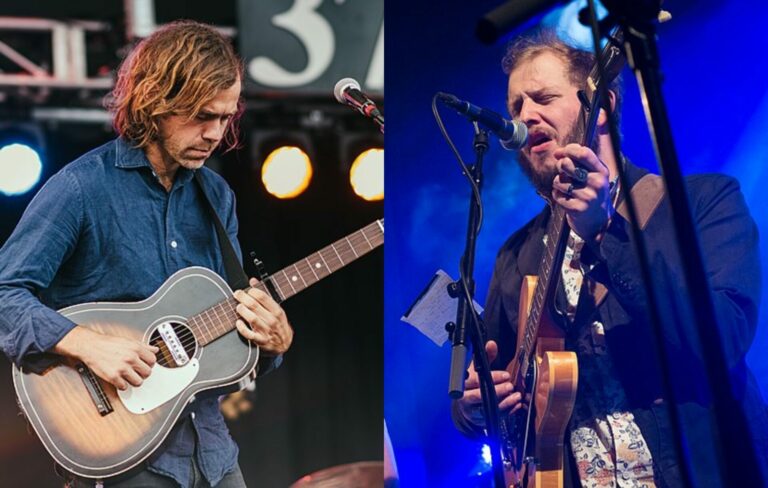 side by side composite image of Aaron Dessner of The National (left) and Bon Iver aka Justin Vernon (right)