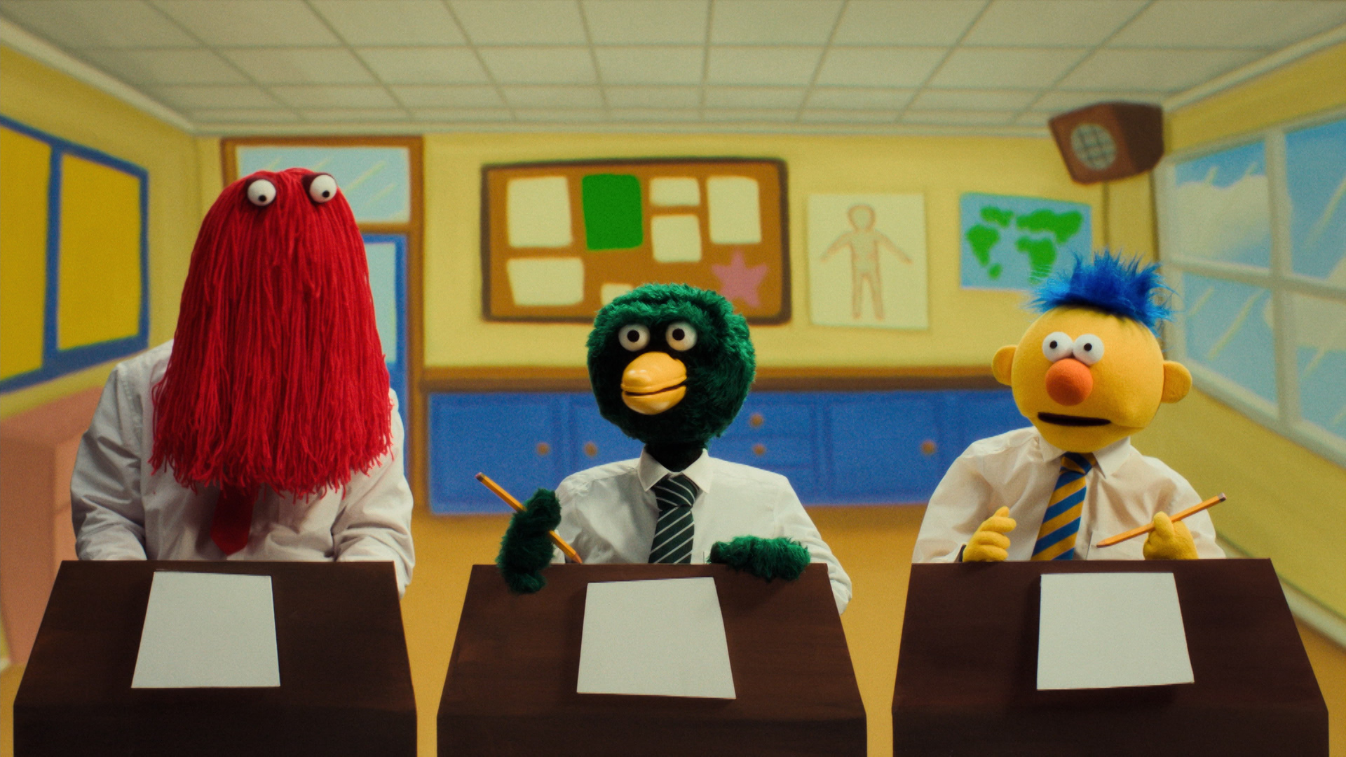 Red Guy, Duck and Yellow Guy at school in the new series of ’Don’t Hug Me I’m Scared’ on Channel 4