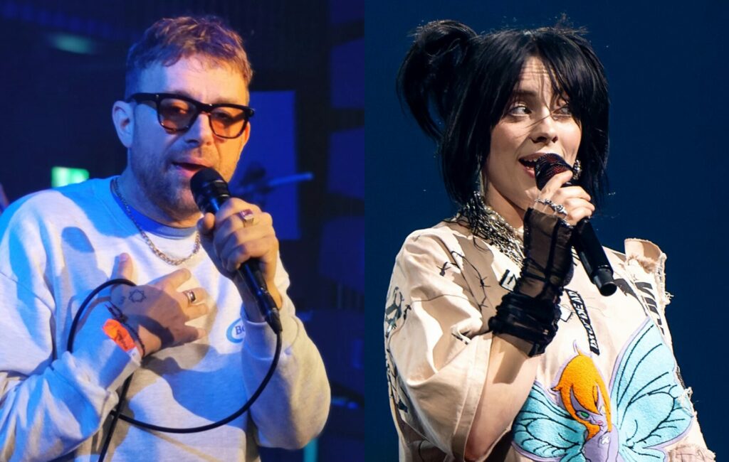 two side by side images of Damon Albarn (left) and Billie Eilish (right) performing live on-stage