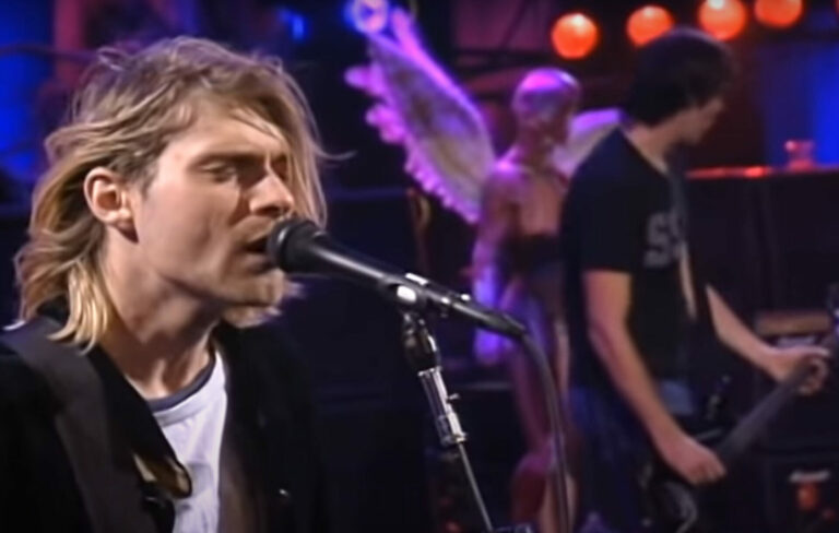 Kurt Cobain and Krist Novoselic onstage with Nirvana, 1993