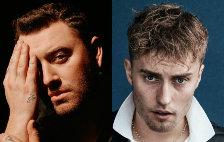 two side by side close up images of Sam Smith (left) and Sam Fender (right)