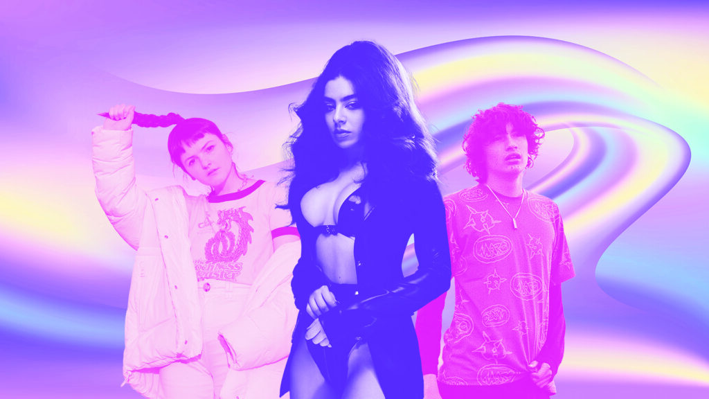 A collage featuring musicians BABii, Charli XCX and glaive