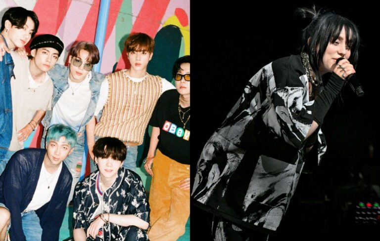 BTS in a press shot next to a photo of Billie Eilish performing live at the O2
