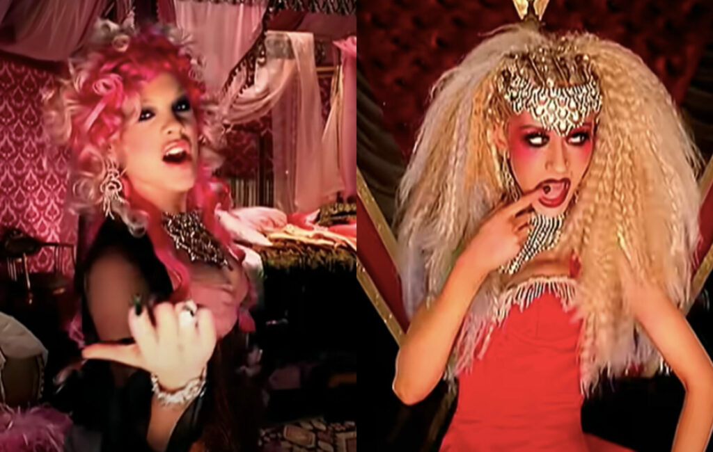 two side by side photos of Pink (left) and Christina Aguilera (right) in the official music video for 2001's 'Lady Marmalade'