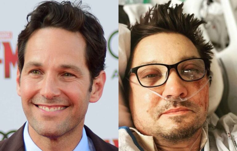 Paul Rudd in a red carpet shot and Jeremy Renner recovering in a picture shared to Instagram