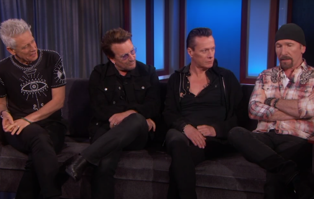 U2 appear together on a couch at the Jimmy Kimmel Show