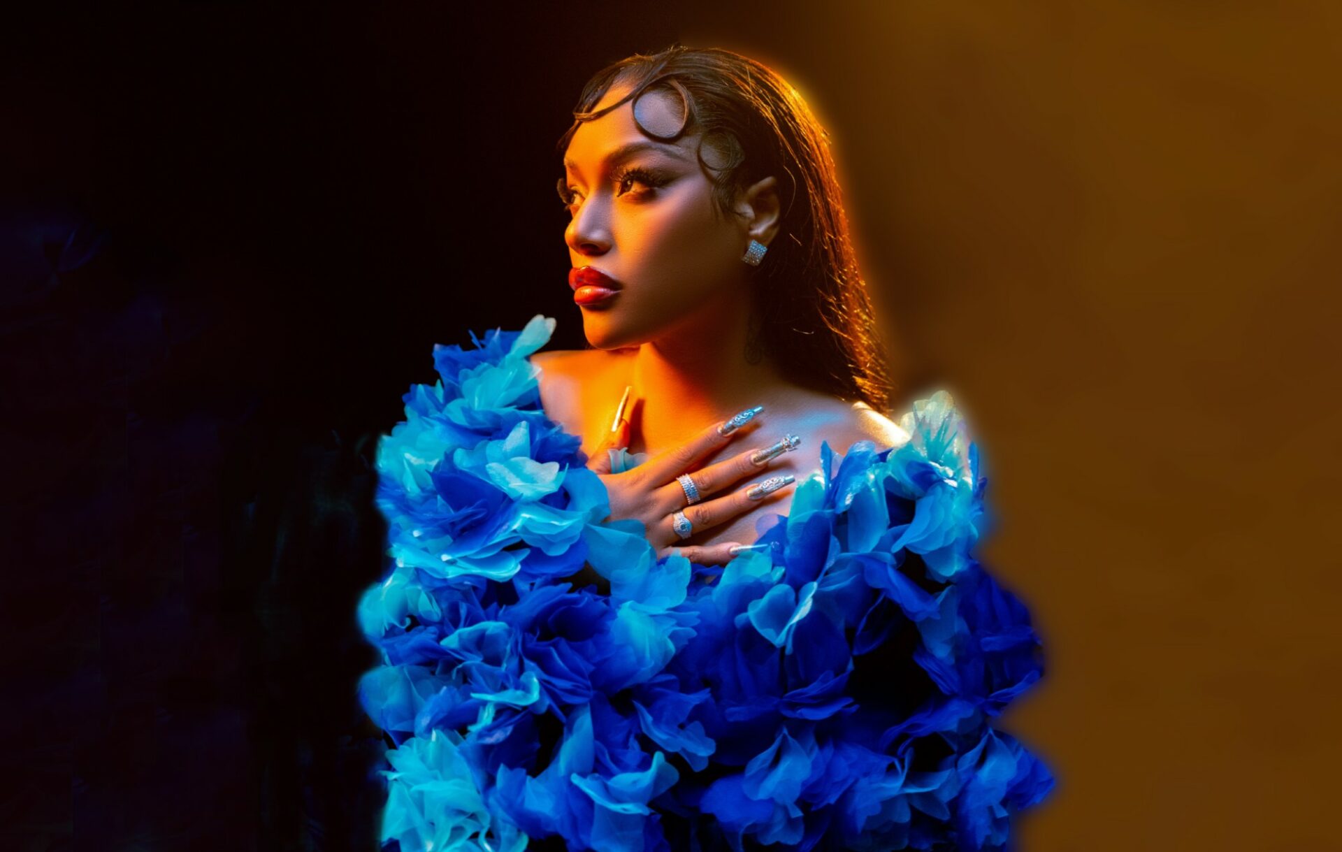 Stefflon Don picured in a blue feathered dress