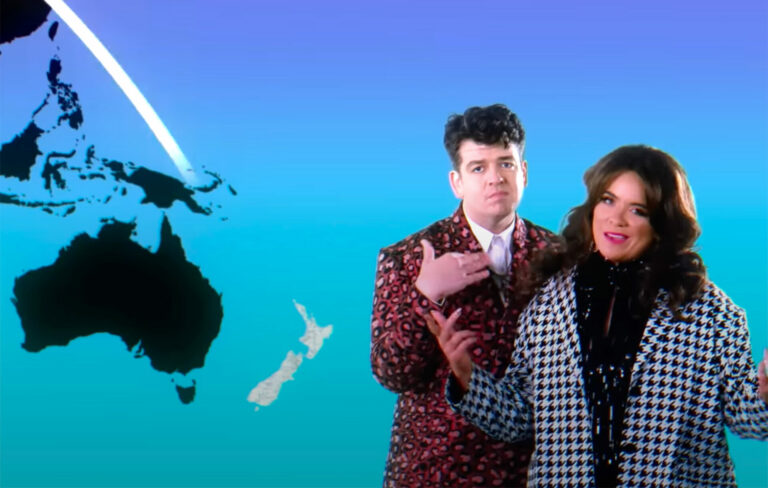 New Zealand comedy duo Two Heart pose in the music video for their song ‘Eurovision (Open Up)’