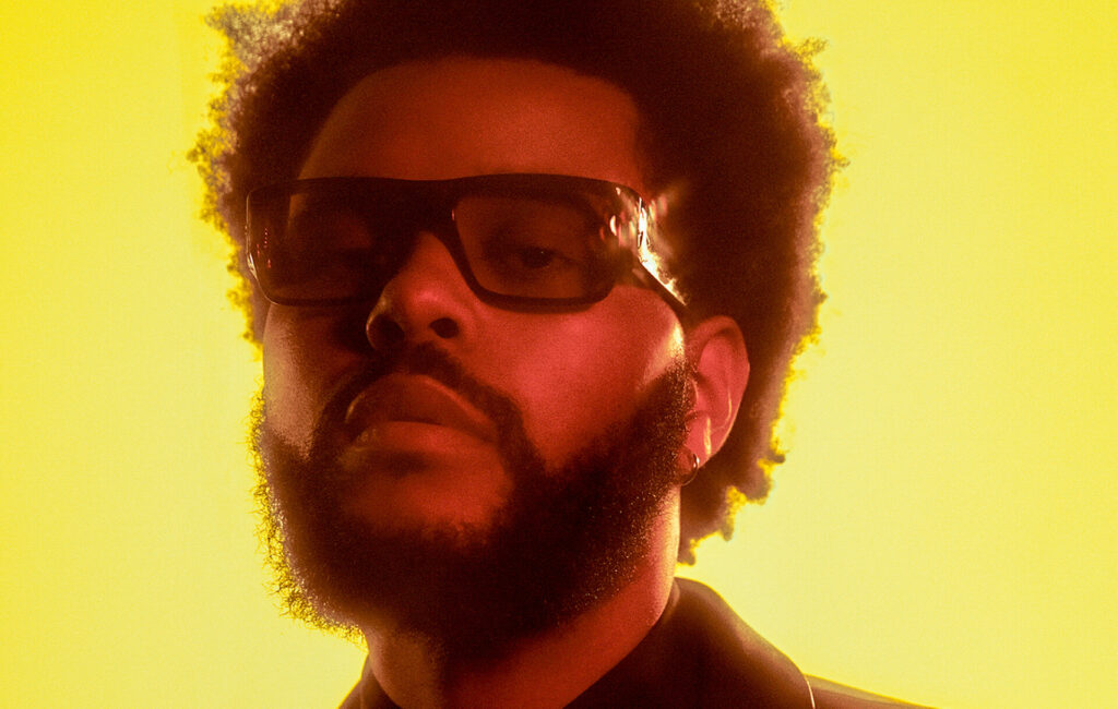 The Weeknd poses in glasses in front of a yellow background