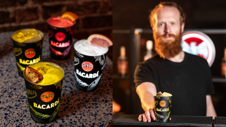 Composite of four Bacardí cocktails on a table and a white man with red hair and beard holding a cocktail on a bar