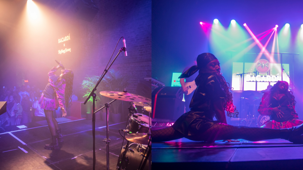 Composite of Bellah performing onstage with a backing band and another shot of her singing with a dancer doing the splits