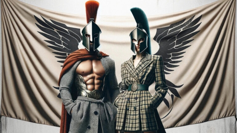 An AI generated image of a male and female in roman helmets and tailored modern clothing