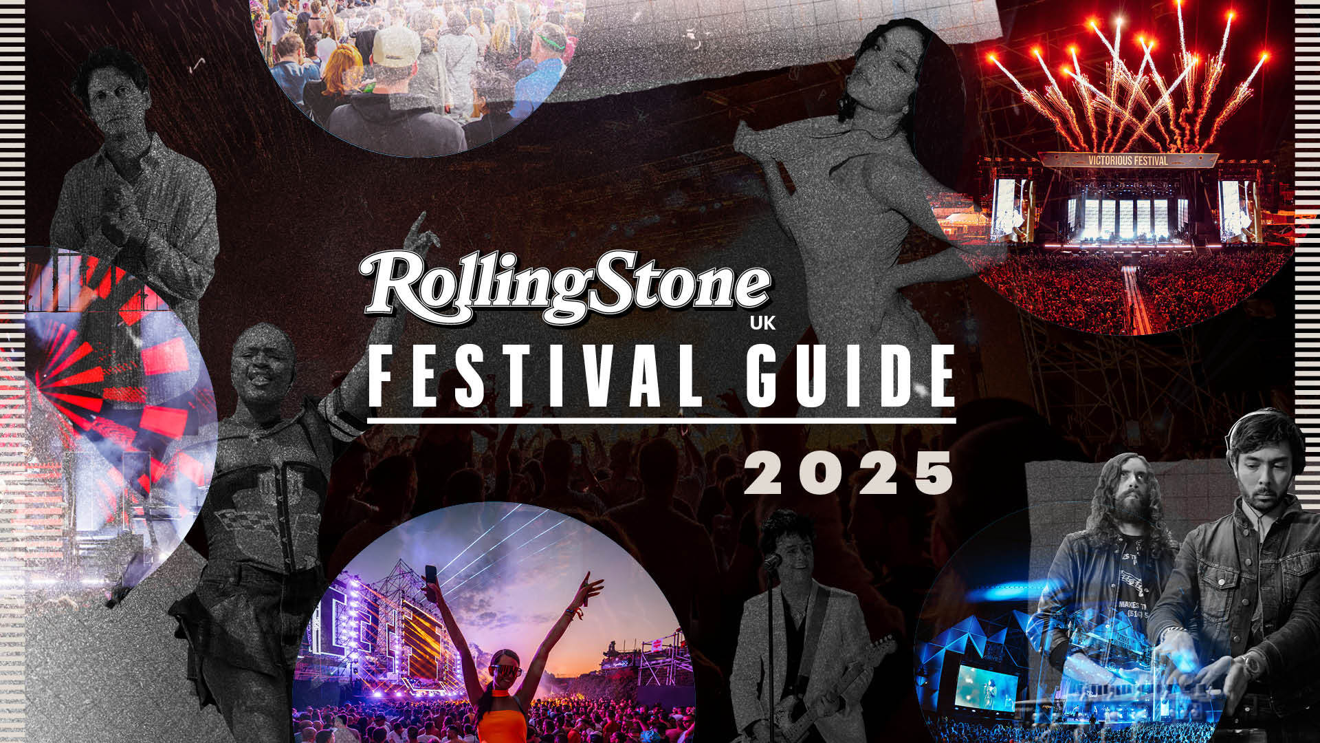 Collage of live music scenes and artists with the text “Rolling Stone UK Festival Guide 2025” in the centre