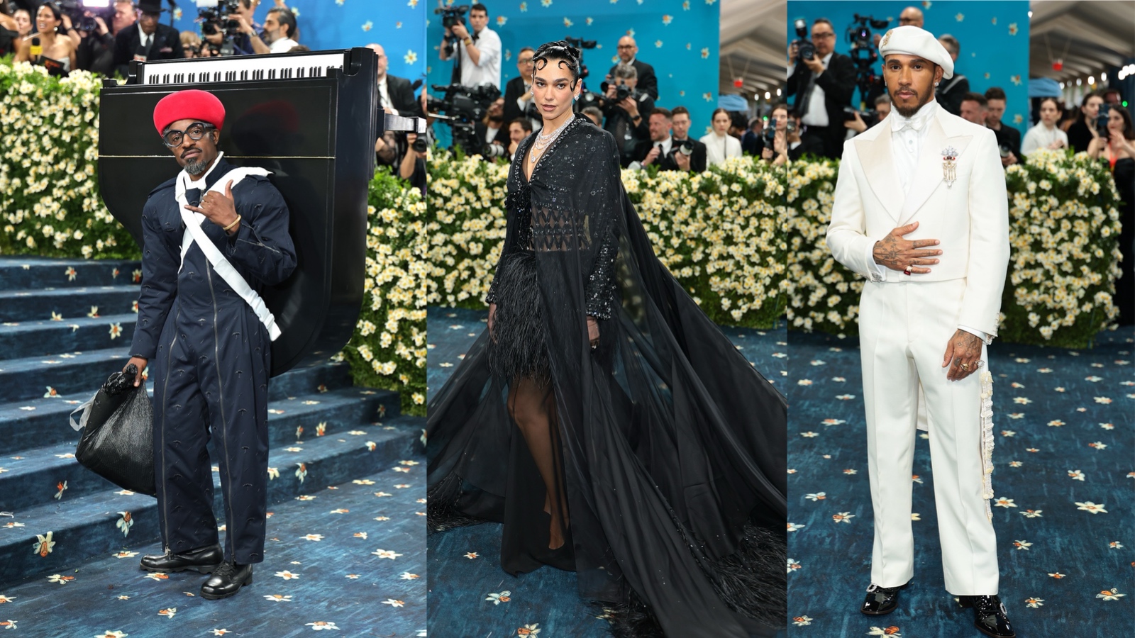 André 3000, Dua Lipa and Lewis Hamilton pose at the Met Gala 2025