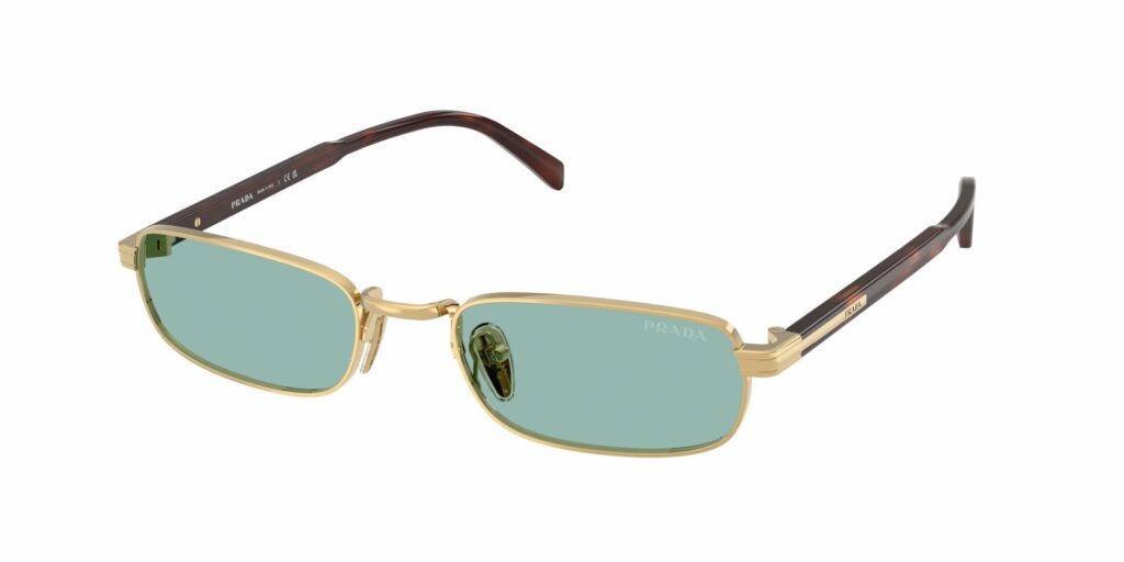 Prada gold metal sunglasses with light blue lenses and tortoise brown sides