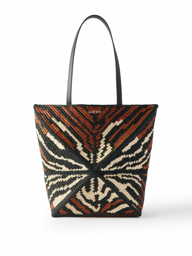 Loewe raffia tote bag with tiger-stripe design in black, cream and brown