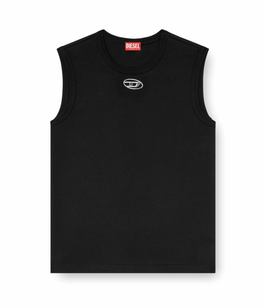 Black tank top with silver metal Diesel logo cut out chest detail
