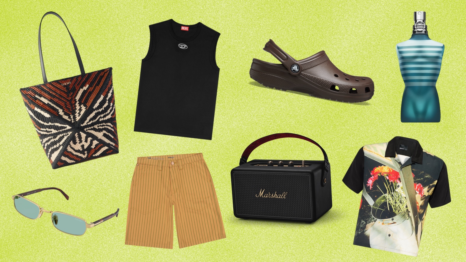 A selection of products including clothing, fragrance and accessories for a holiday style guide.