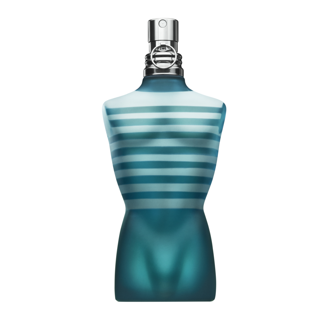 Jean Paul Gaultier perfume, modelled as a man's body in a blue shade