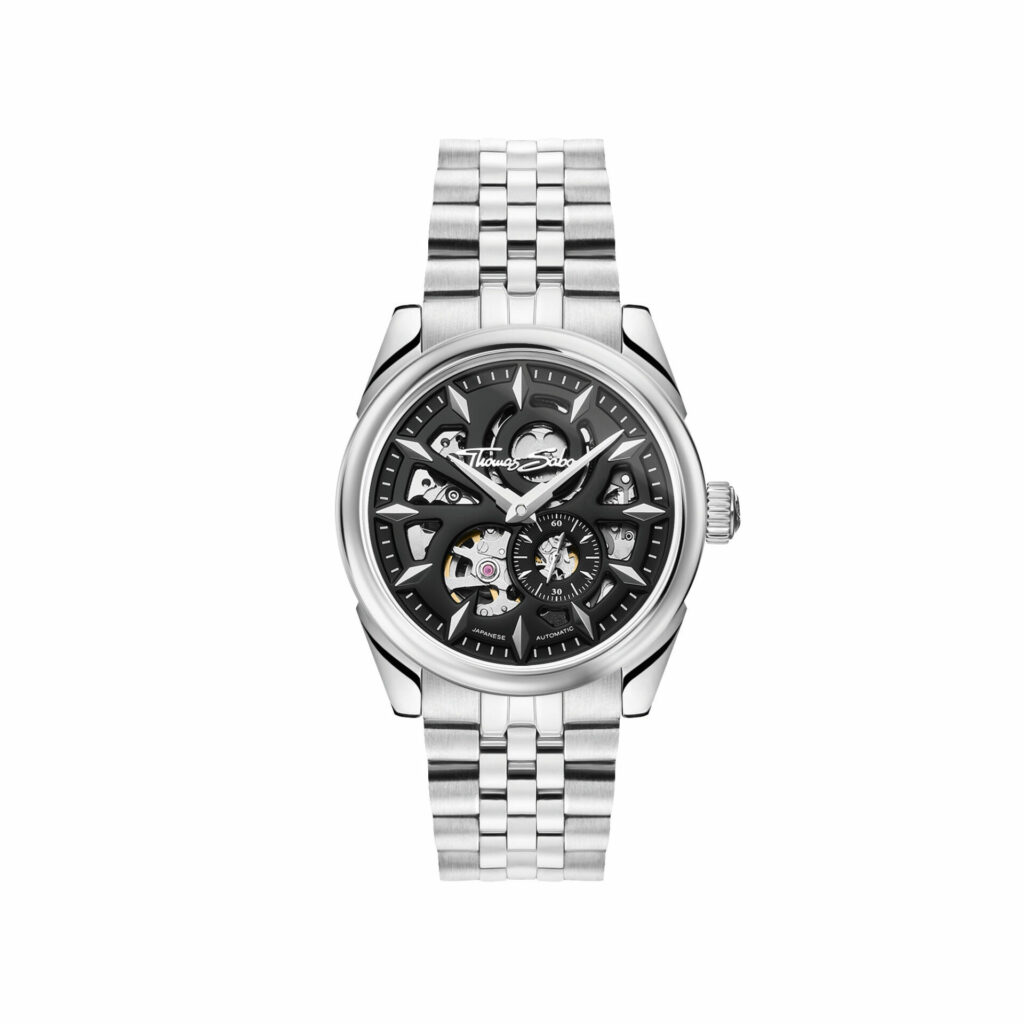 Men's silver watch with black dial and silver details