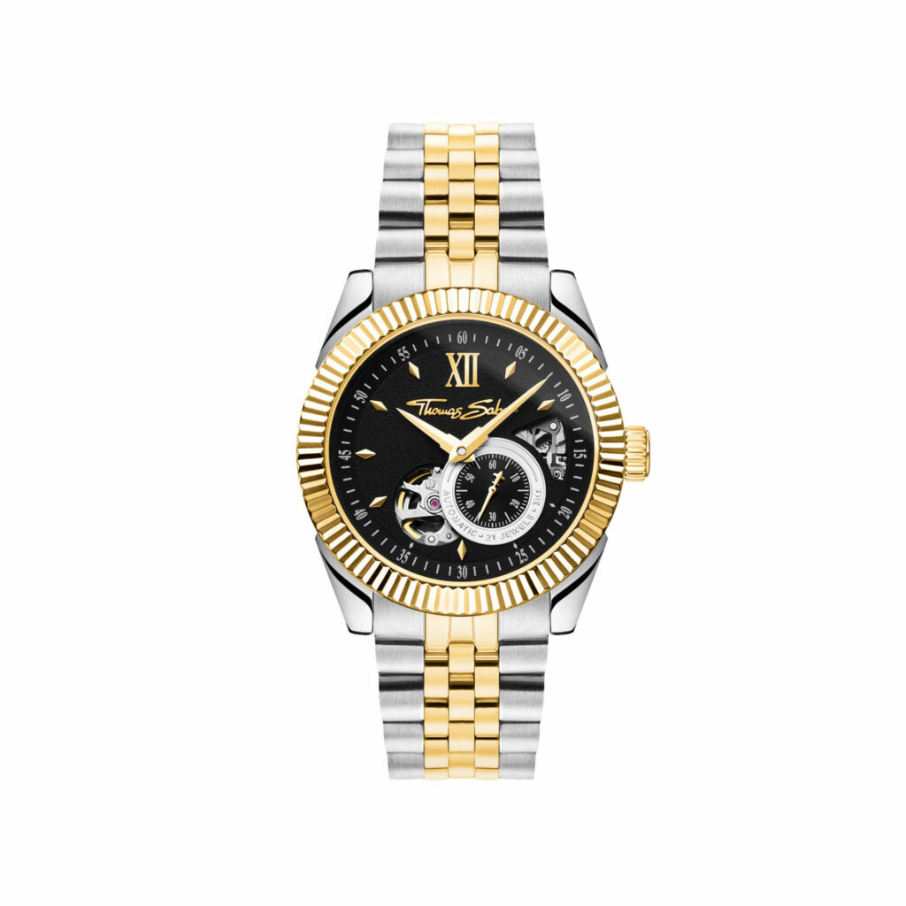Men's silver and gold watch with black dial and silver and gold details