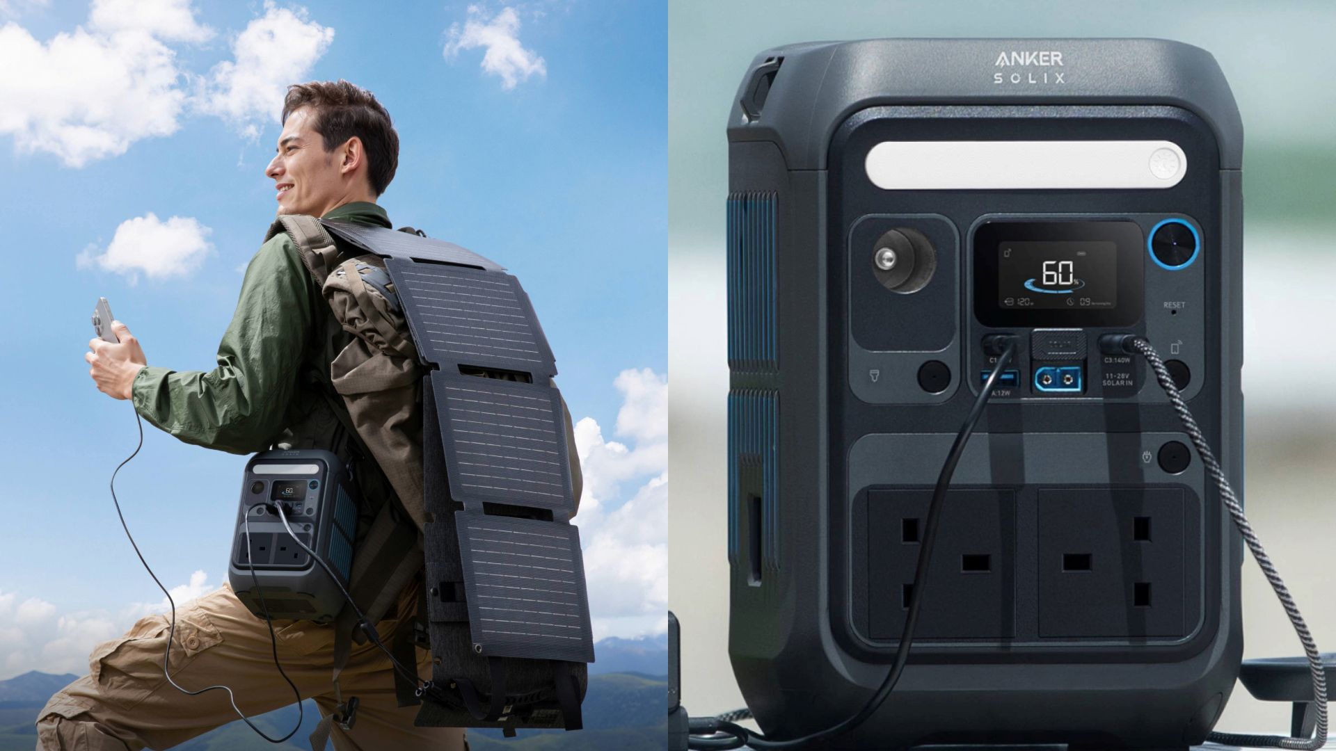 Composite of a man carrying a portable battery and a solar panel and the right image of a portable battery