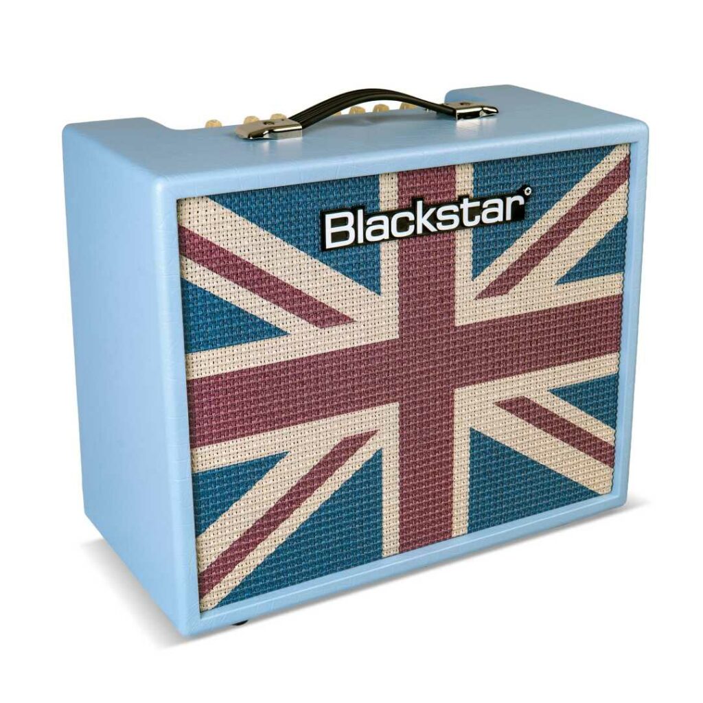 A blue amp with a Union flag design