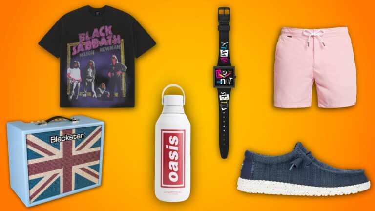 Composite of different clothing and tech items against an orange backdrop