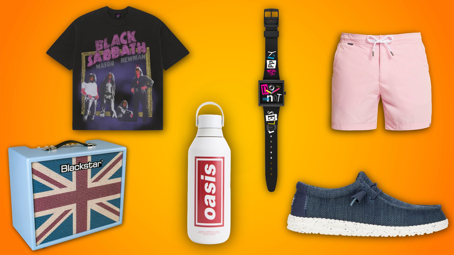Composite of different clothing and tech items against an orange backdrop