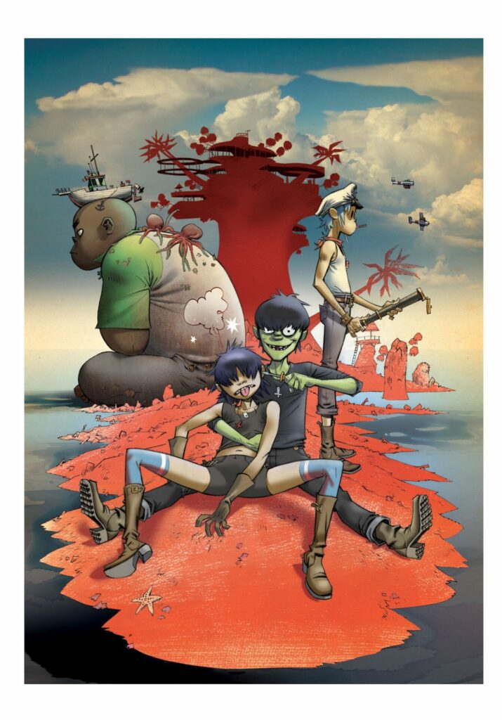 The cartoon members of Gorillaz sit on a red paradise island
