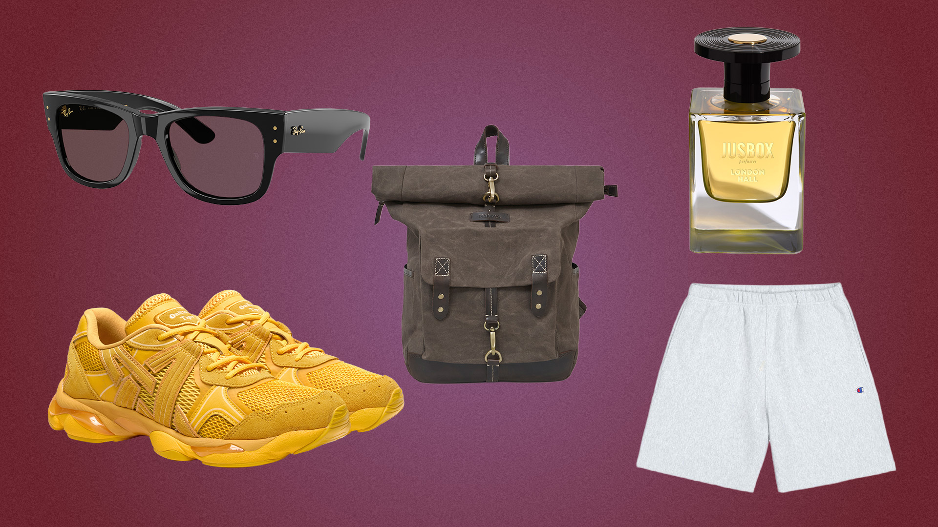 A collage of products, including black Ray-Ban sunglasses, a roll-top rucksack, yellow sports trainers from Onitsuka Tiger, grey champion sweat shorts, and a bottle of perfume from Jusbox.