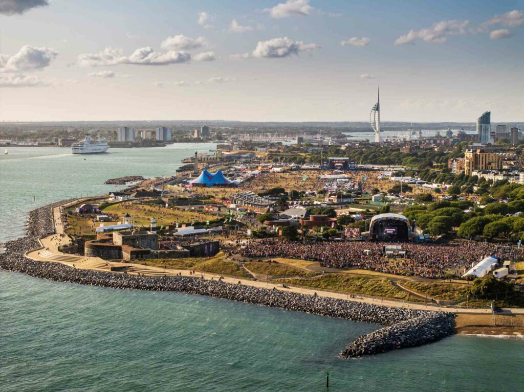 An aerial view of Victorious Festival during the day at Solent Harbour