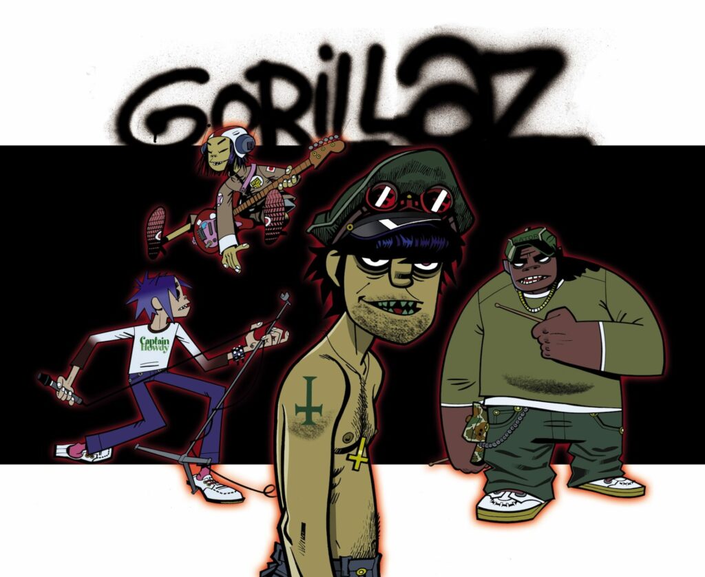 The cartoon members of Gorillaz pictured in front of a spray-painted logo of their name