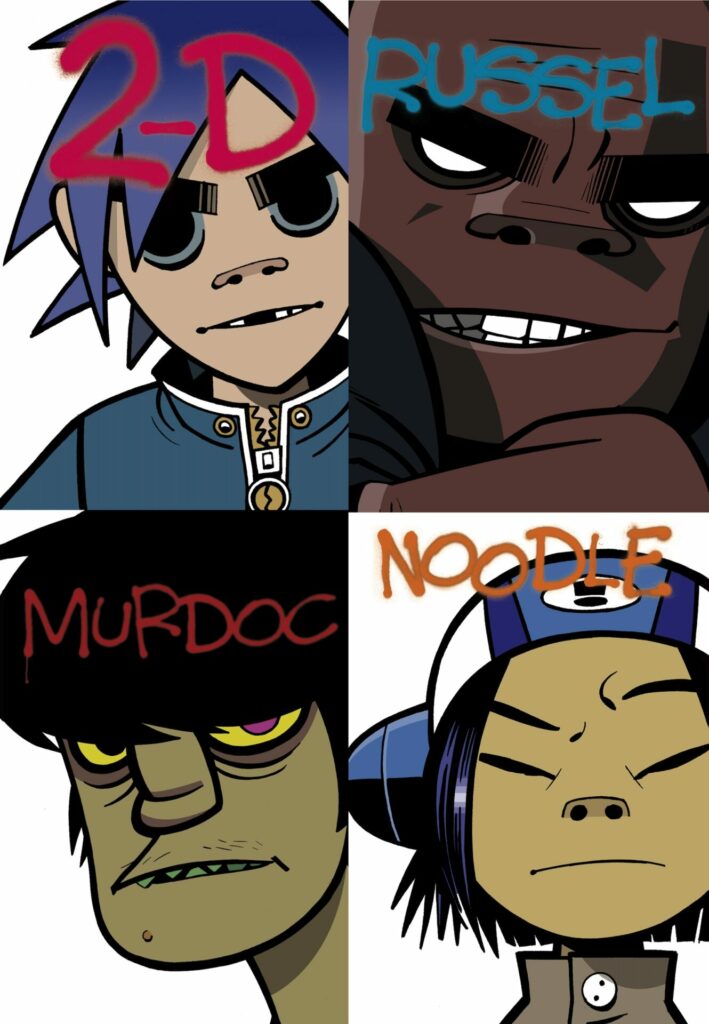 The four cartoon members of Gorillaz in a composite image