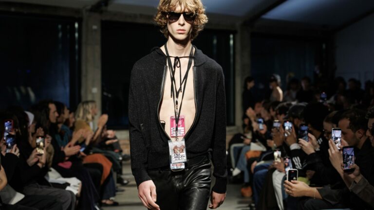 A model walks the Aaron Esh Spring/Summer 2026 show in Shoreditch
