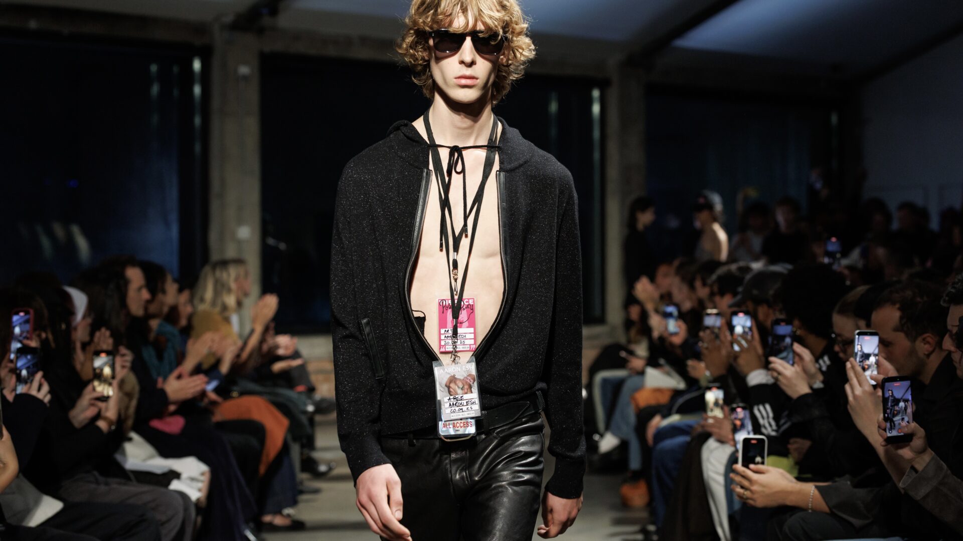 A model walks the Aaron Esh Spring/Summer 2026 show in Shoreditch
