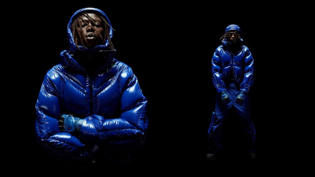 A model wears a cobalt blue puffer jacket from the A$AP Rocky and Moncler Genius collaboration.