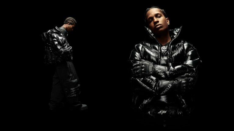 A$AP Rocky wears a black vintage ski-gear inspired jacket from the A$AP Rocky and Moncler Genius collaboration.
