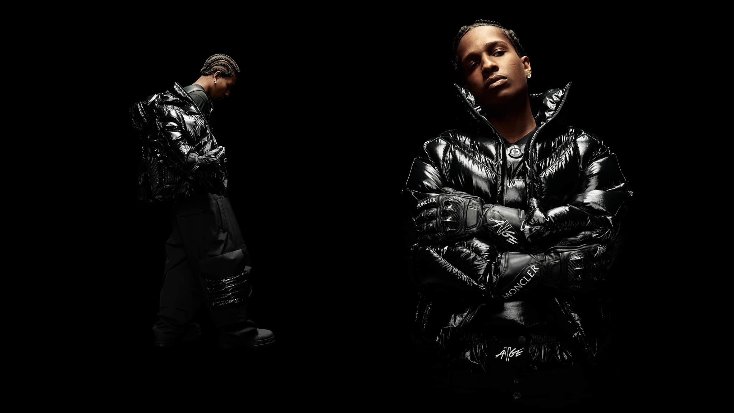 A$AP Rocky wears a black vintage ski-gear inspired jacket from the A$AP Rocky and Moncler Genius collaboration.